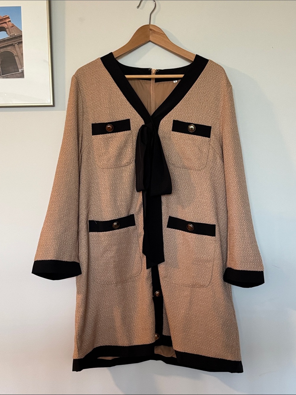 Beige Tweed Dress with Black Trim and Bow